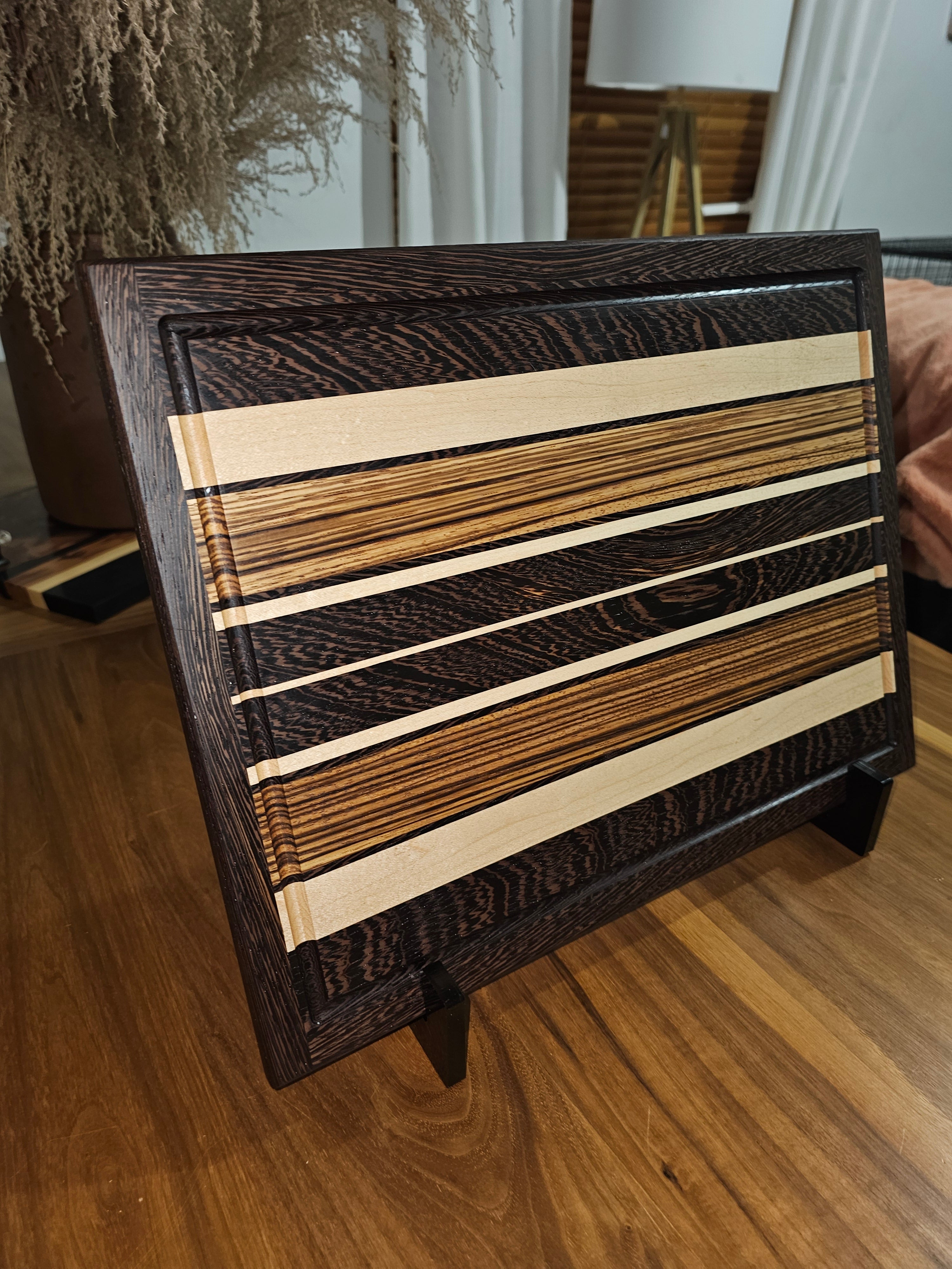 Hand 2024 made cutting board- Wenge, figured maple and zebra wood!!